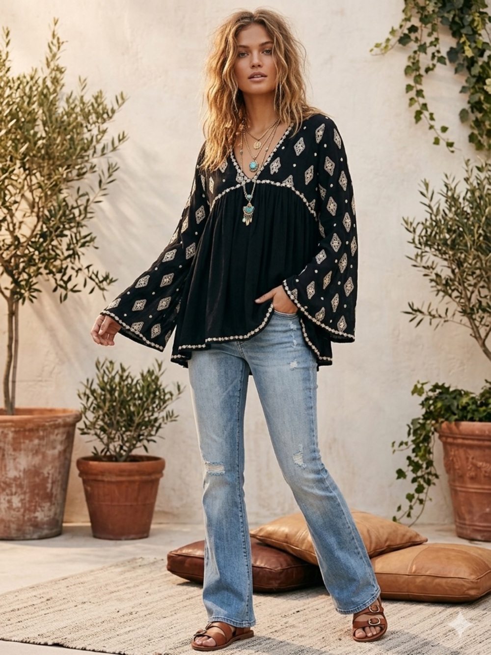FREE PEOPLE / Black Diamond Embroidered Long Sleeve Top - Sz M